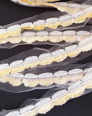 White Net Lace With Beige Sequins and Off White Beads, Scallop Trim, Exclusive Laces